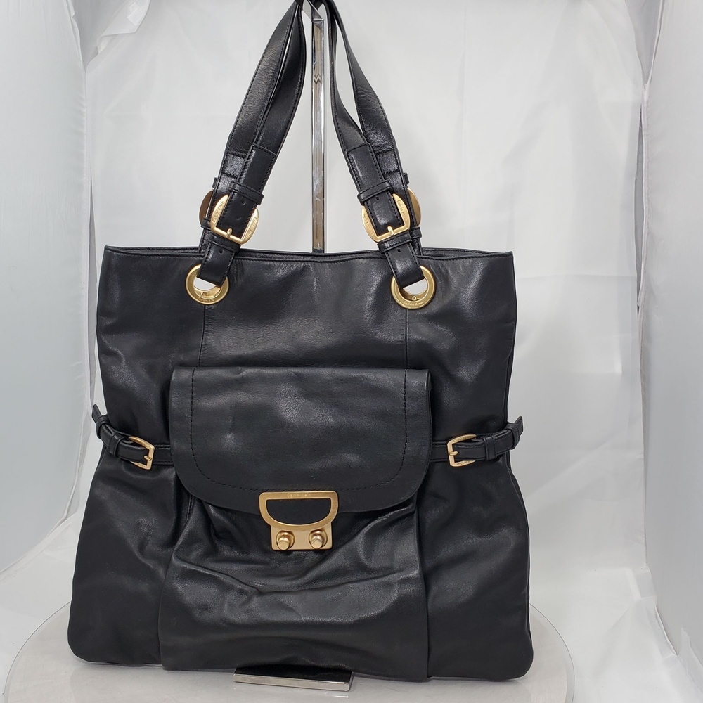 Y2K Calvin Klein Black Leather Large Slim Tote Shoulder Bag Ring Buckle Pocket